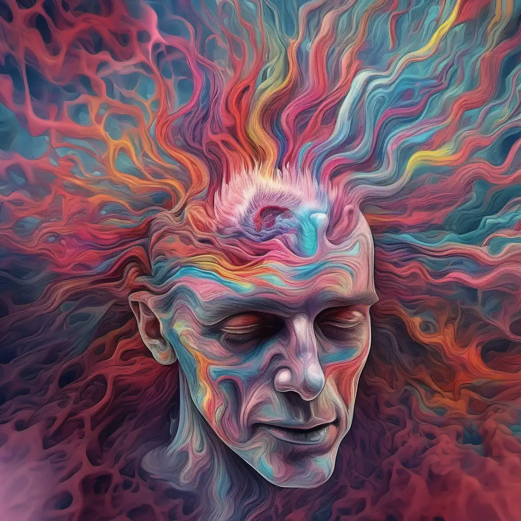 a wave of colors, blood veins,, brain, blurry face, exploding of colors, psychology, neurology, high detailed, realistic look, LSD, hallucinogen 