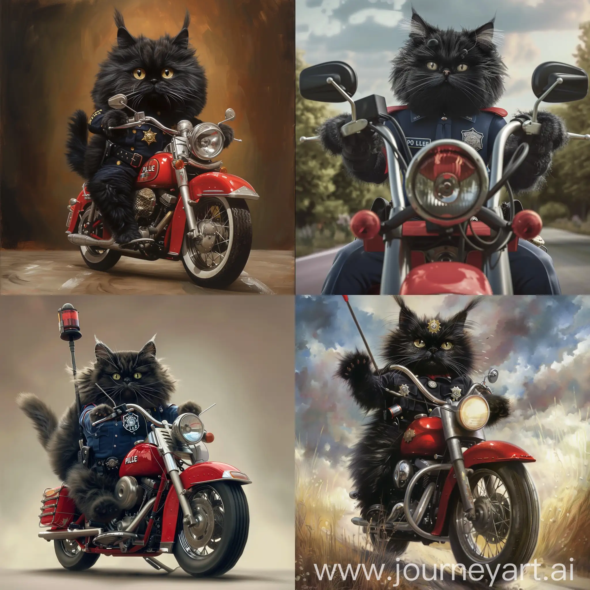 Photorealism A black fluffy cat in a policeman's uniform rides a red motorcycle