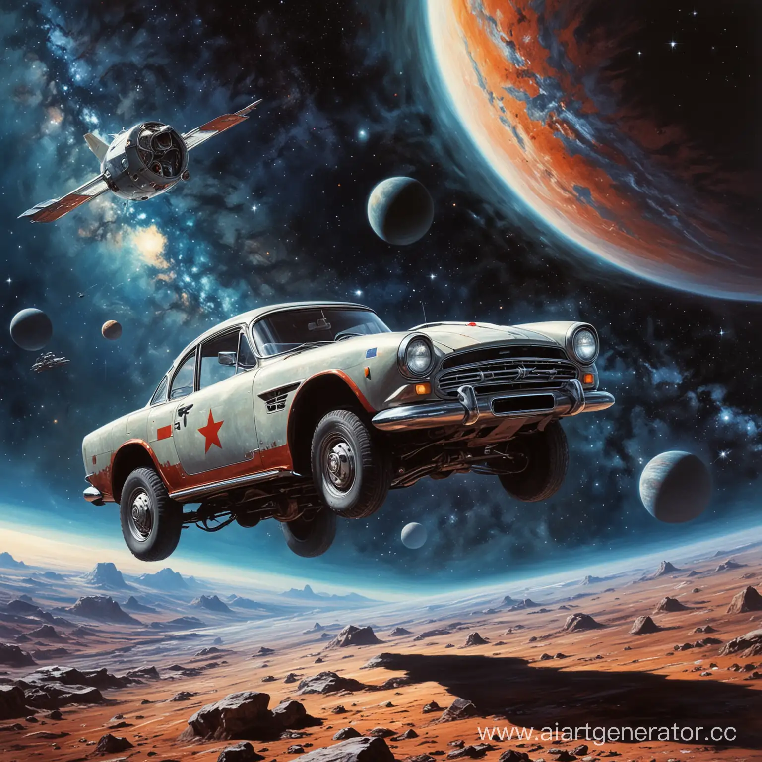 Soviet-Cosmonaut-Yuri-Gagarins-Car-Exploring-Cosmic-Realms-Amid-Distant-Planets