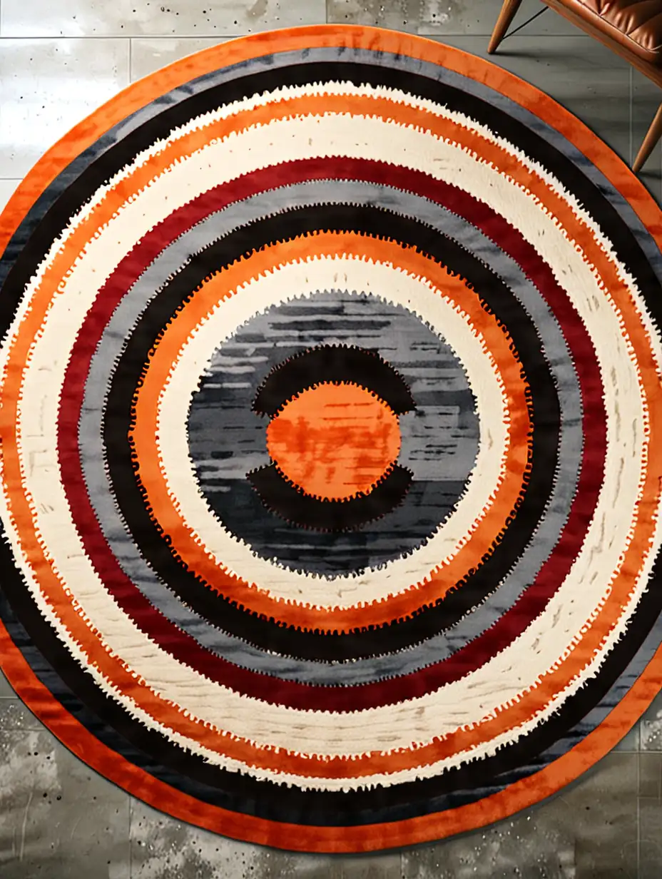 Circular Rug Design with Geometric Patterns and Vibrant Colors