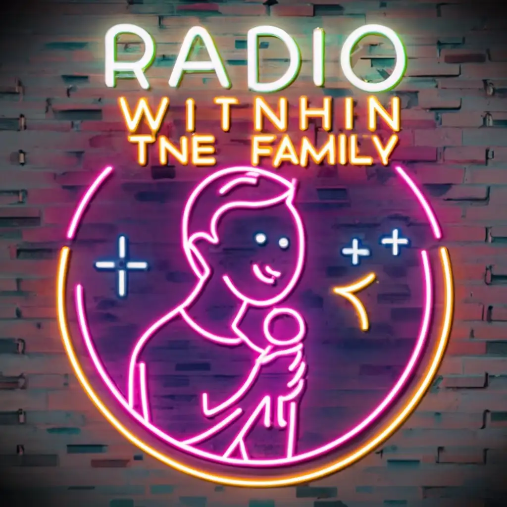 logo, Boy with a microphone, neon, with the text "Radio within the family", typography, be used in Entertainment industry