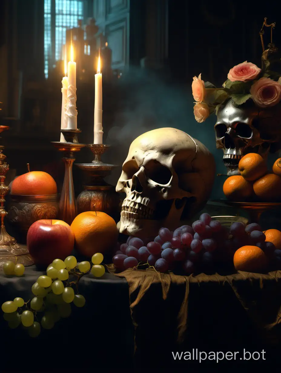 a vanitas styled still life painting with grapes,   apples,   oranges,   flowers plus a human skull,   candle stick and a lite candle,   sharp focus,   emitting diodes,   smoke,   artillery,   sparks,   racks,   system unit,   motherboard,   by pascal blanche rutkowski repin artstation hyperrealism painting concept art of detailed character design matte painting,   4 k resolution blade runner