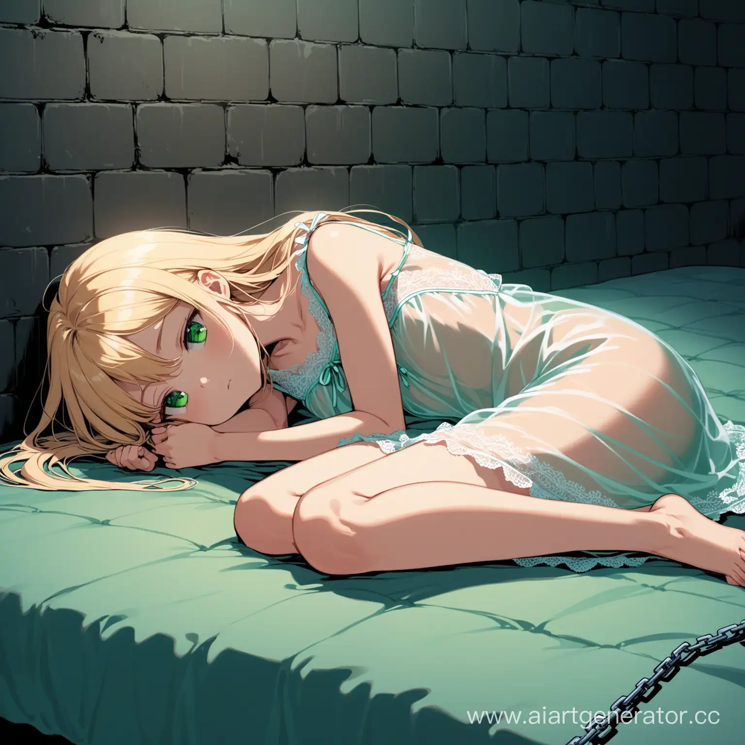 a short thin girl, blonde with long hair, green eyes, she is wearing a semi-transparent short nightgown, she is lying on a mattress in the basement, and her leg is attached by a chain to the wall, she looks sad and detached
