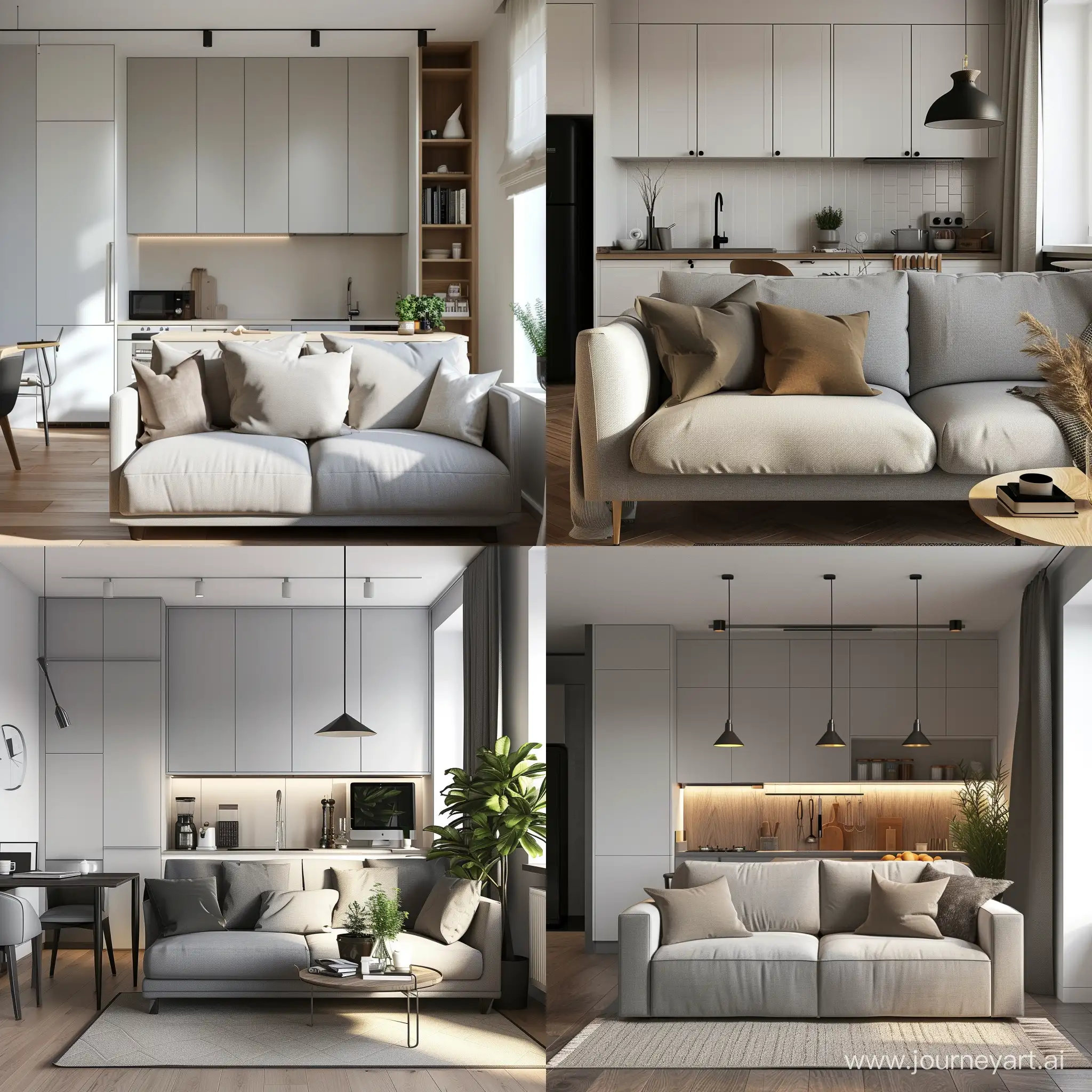 Scandinavian design studio apartment, sofa in the apartment, workplace, kitchen, realistic photo