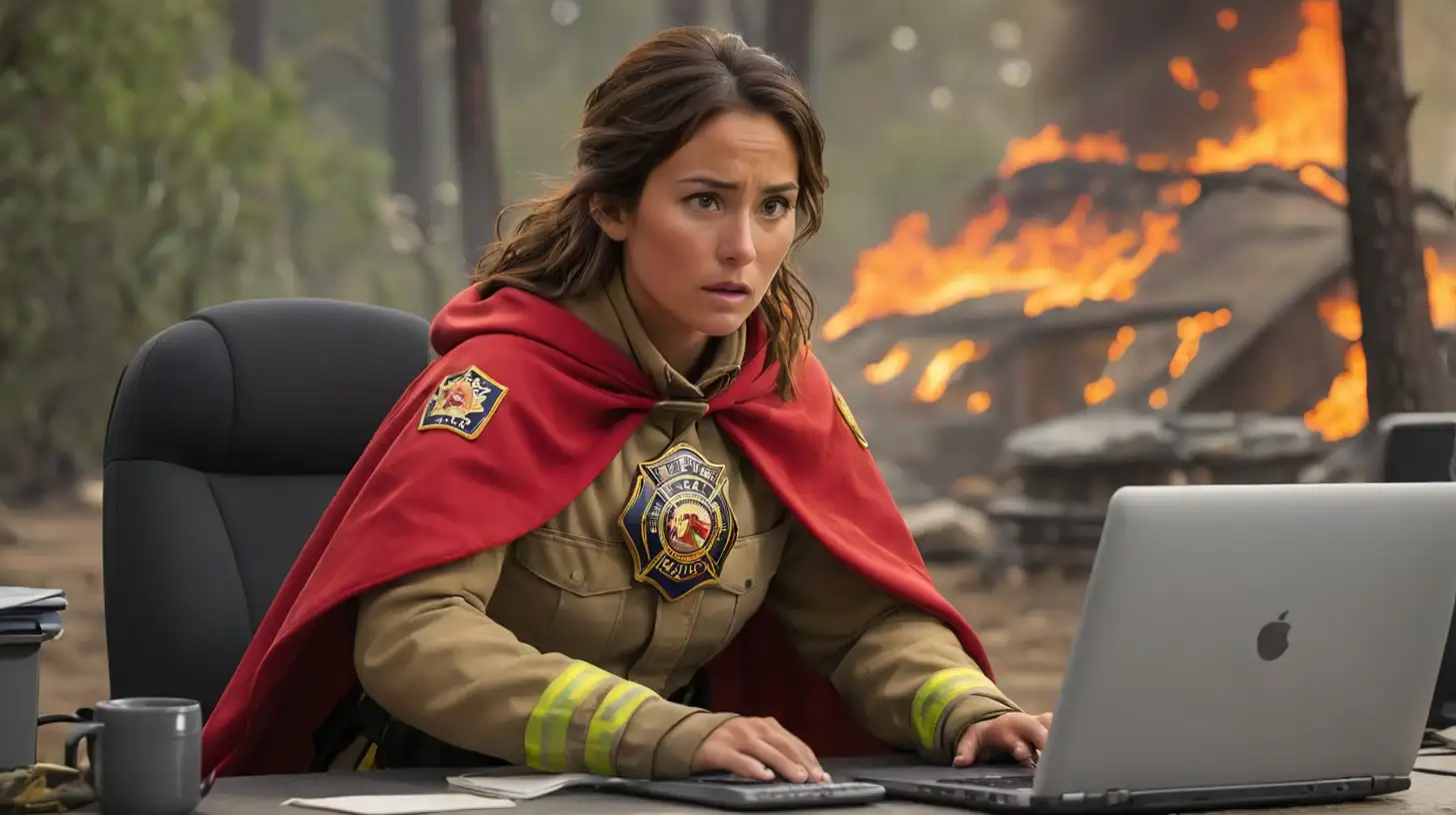 Female CAL FIRE firefighter wearing a CAL FIRE badged Cape, fiercely typing away at a computer while the world burns.