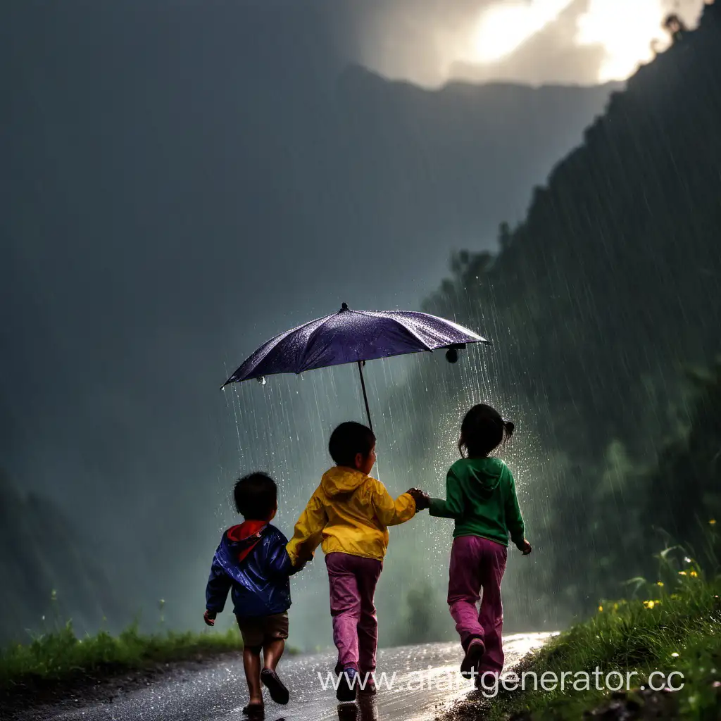 Scenic-Mountain-Landscape-with-Joyful-Children-Under-Sun-and-Rain