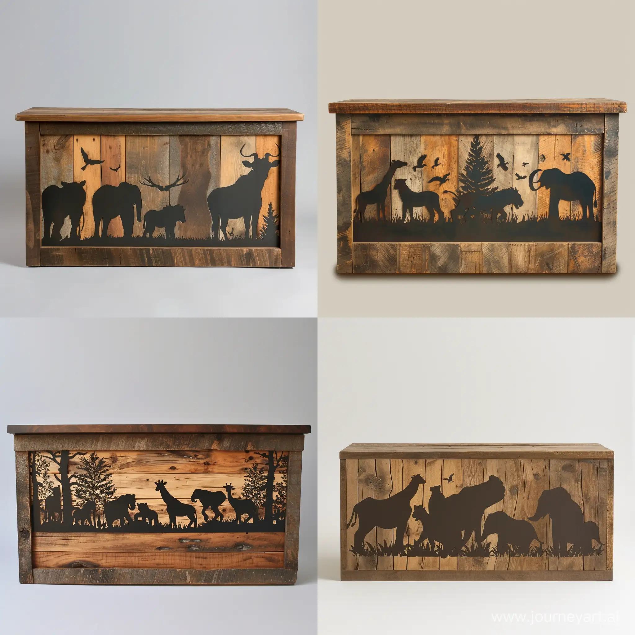 imagine Reception Desk: Made from reclaimed wood, featuring a front panel with a laser-cut silhouette of safari animals.realistic style