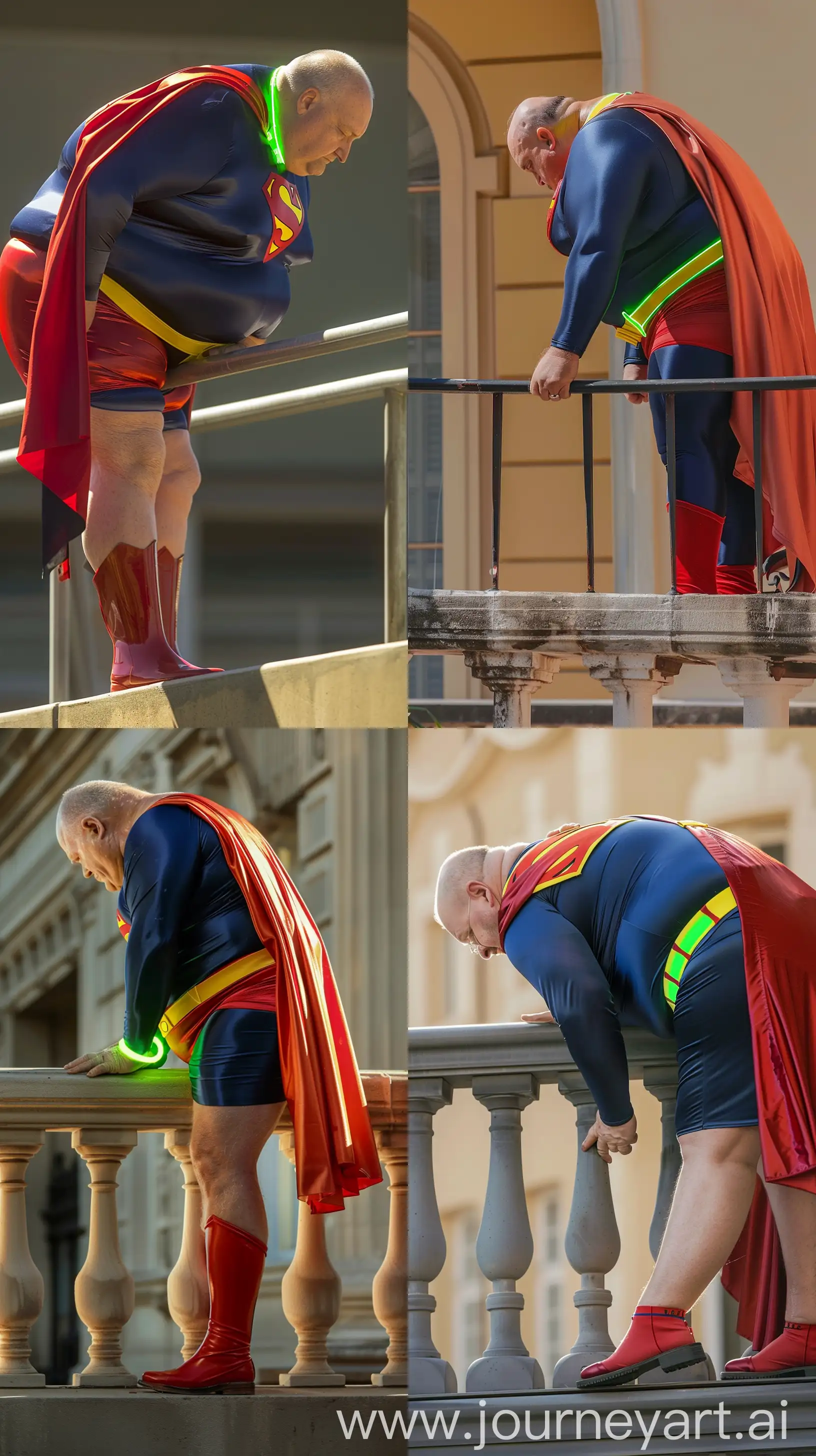 Side view photo of a fat man aged 60 wearing silk navy blue complete superman tight uniform with a large red cape, red trunks, yellow belt, red boots and a tight green glowing neon dog collar. Bending forward over a balustrade. Outside. Natural light. --style raw --ar 9:16
