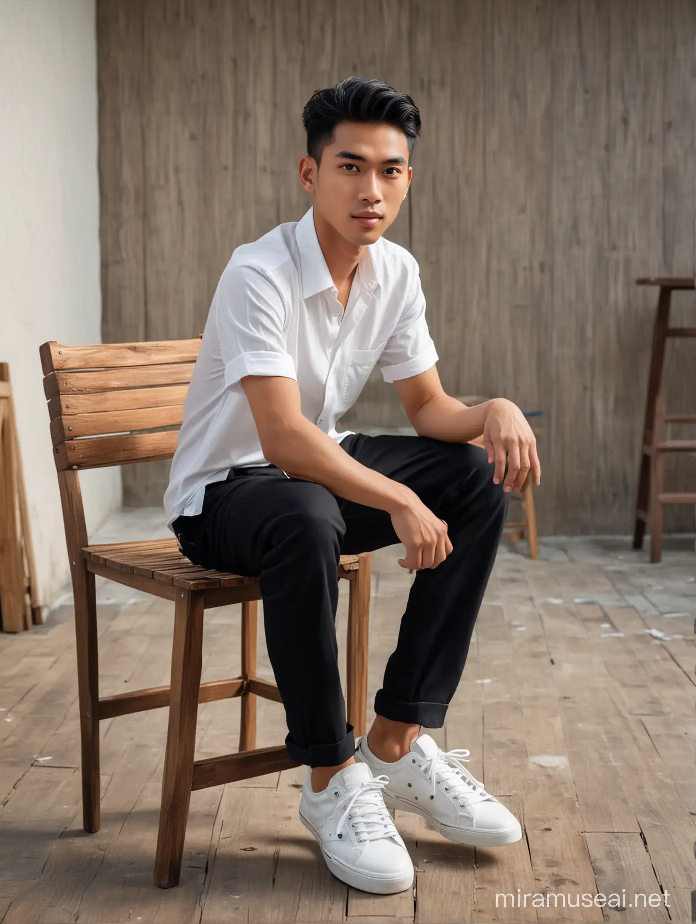 Young Indonesian Man Sitting on Wooden Chair Against Building Background