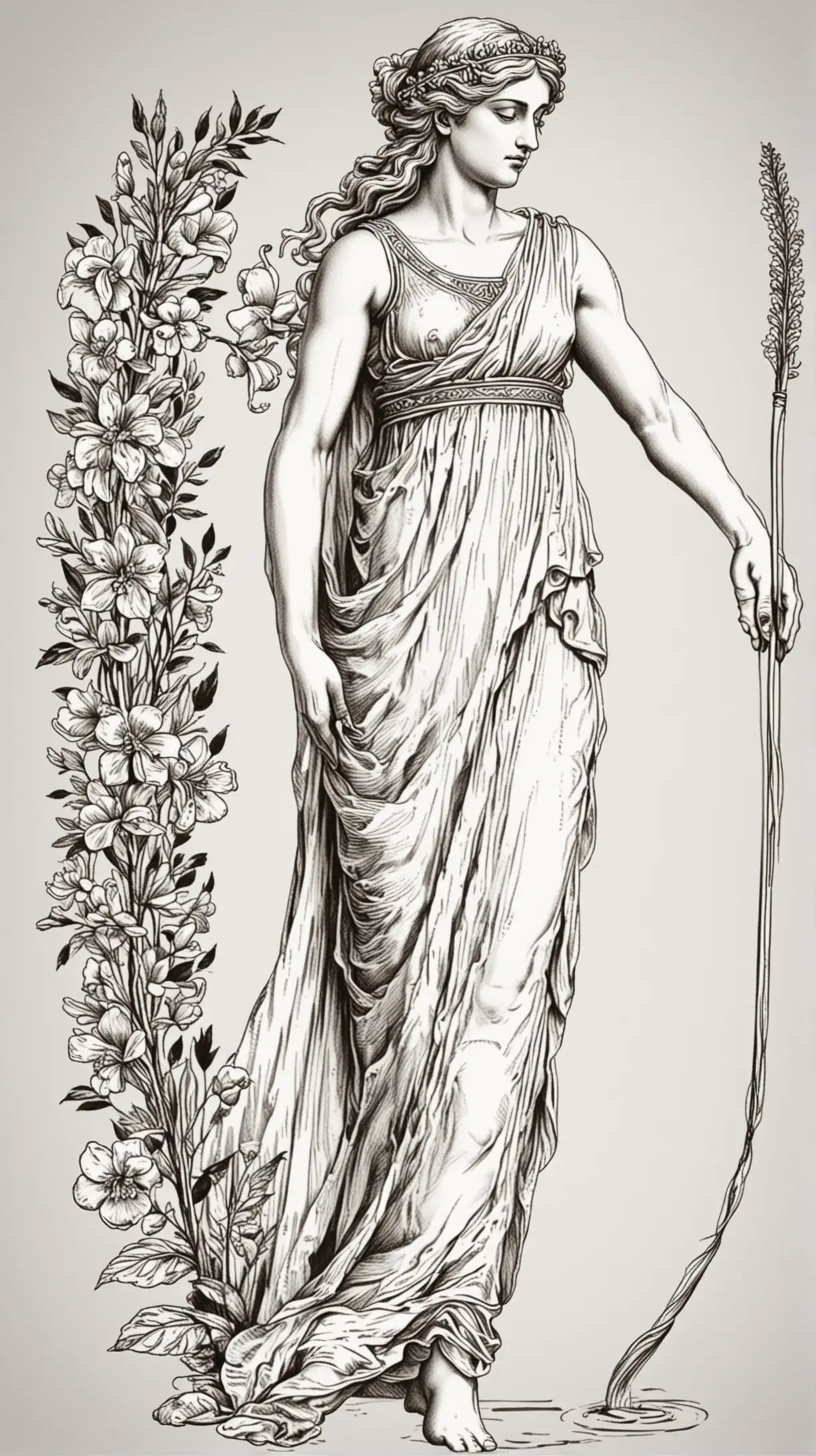 Greek Goddess Cleaning Flower with Line Art Style