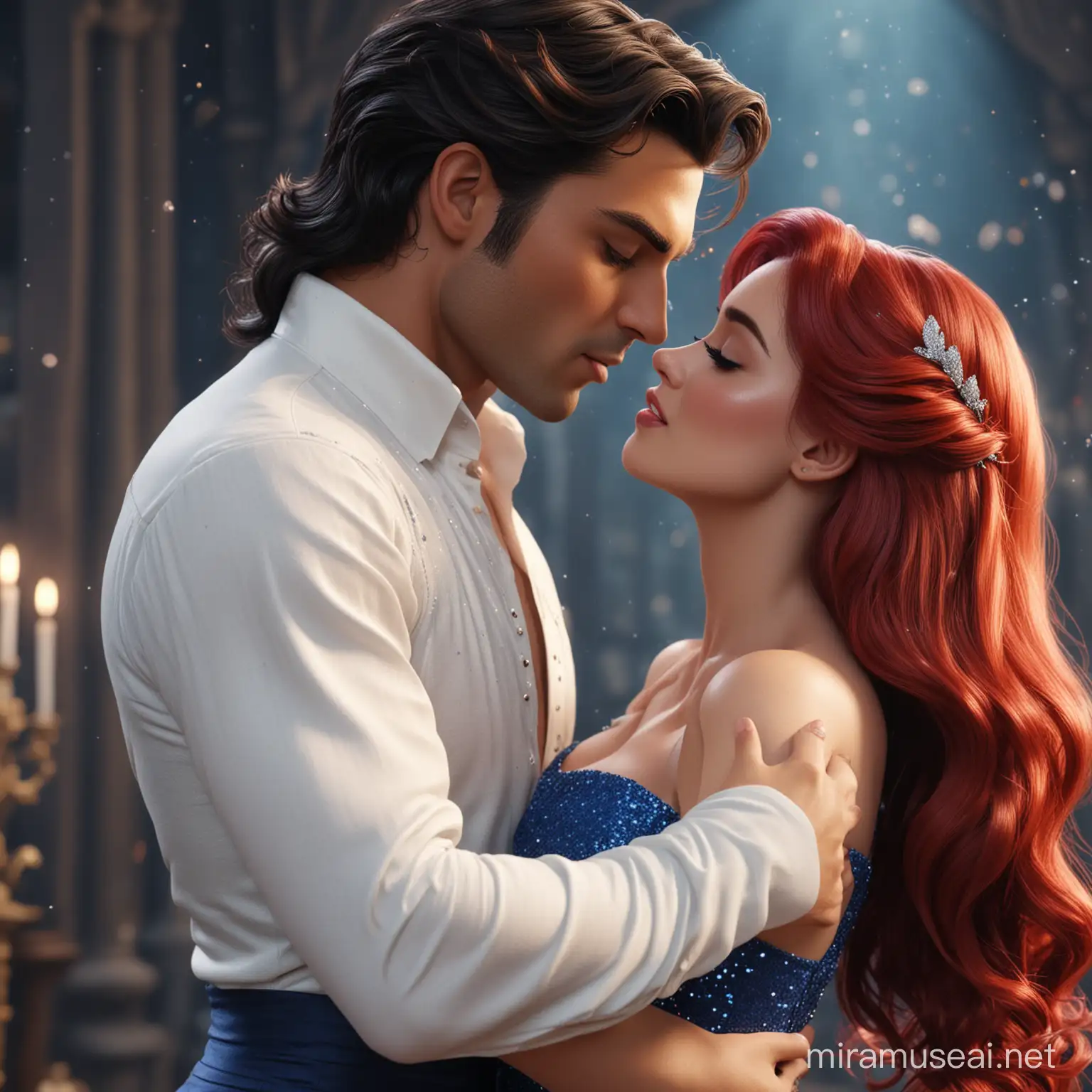 prince eric kiss princess ariel, 
eric: short black hair with white shirt and dark blue trousers; 
ariel: red long hair and long blue with glitter dress, ultra realistic, photorealism, 8k resolution, real life, realistic