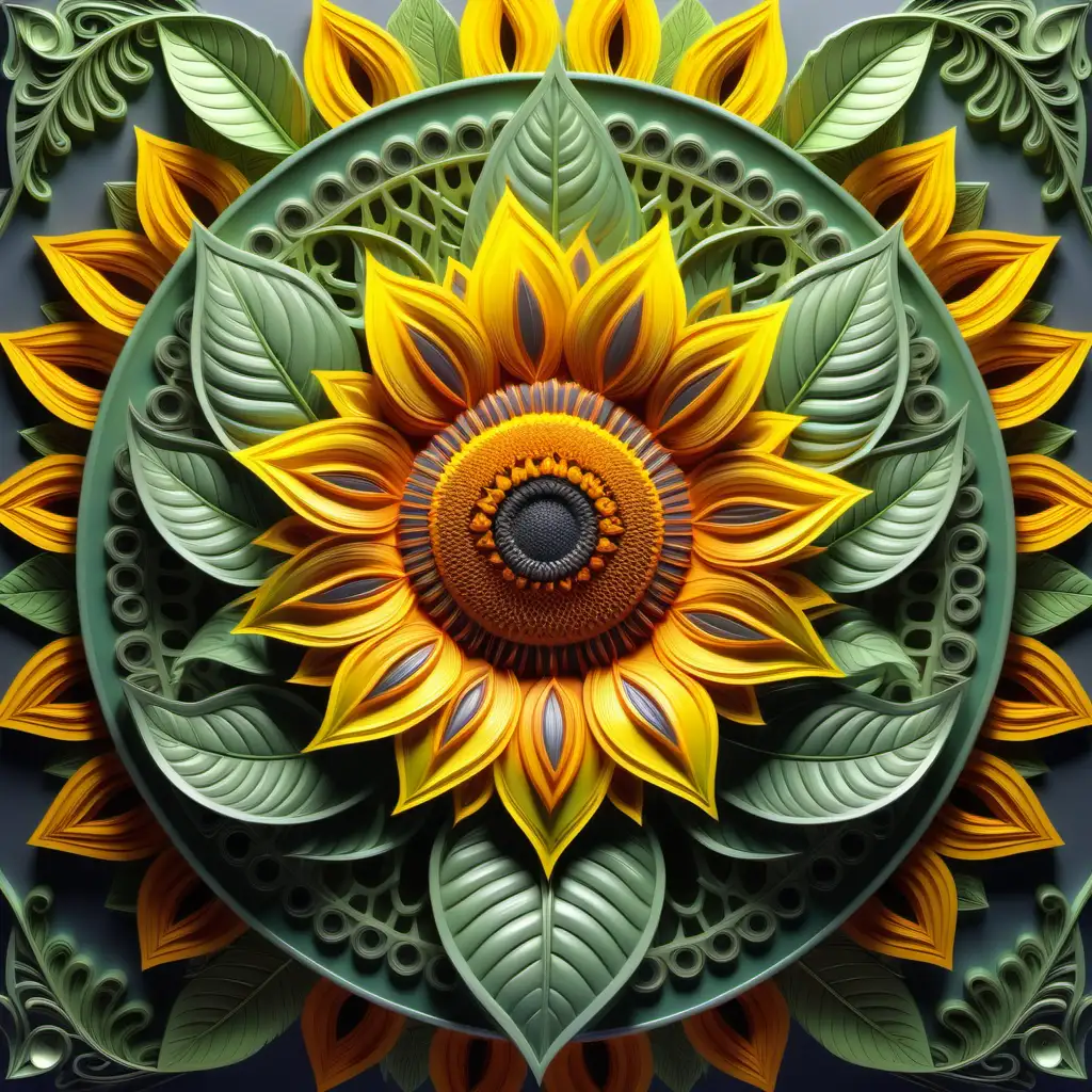 bright and vibrant shades, no gray. 3D highly detailed scene of sunflower. Perfectly symmetrical mandala with leaves.