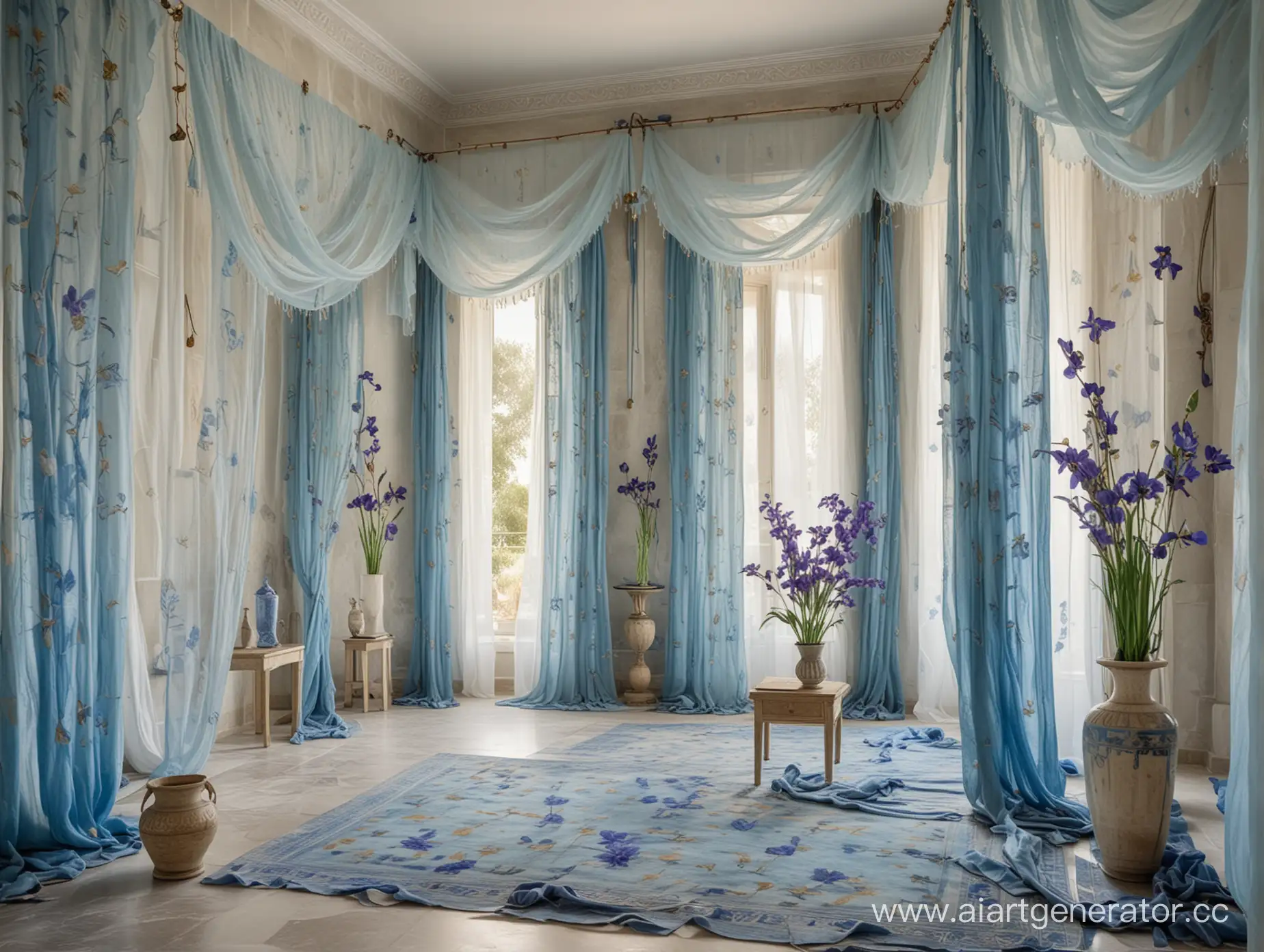 Ancient-Greek-Bedroom-with-Hanging-SemiTransparent-Fabrics-and-Blue-Iris-Vases