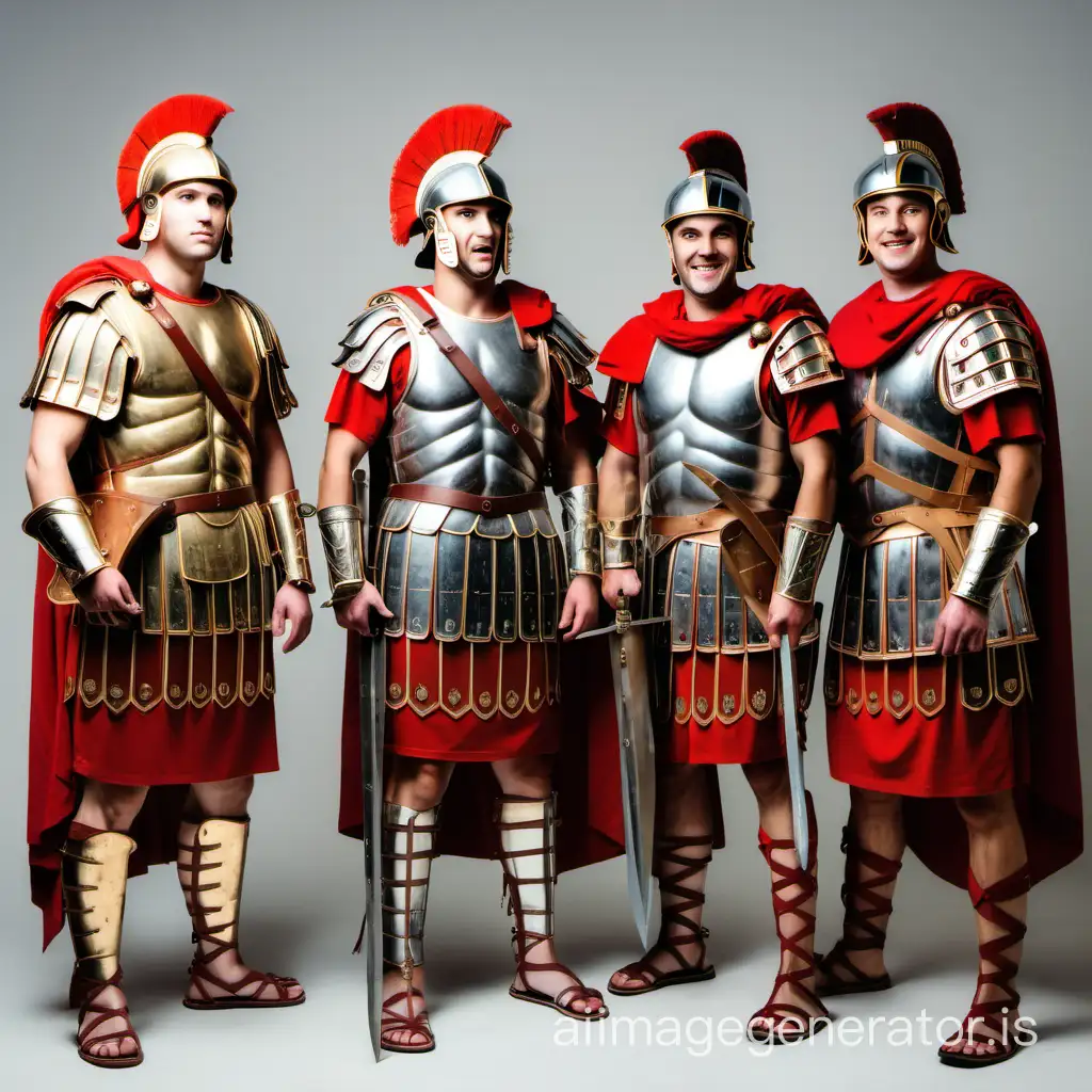 group of friends dressed as Roman soldiers without a background