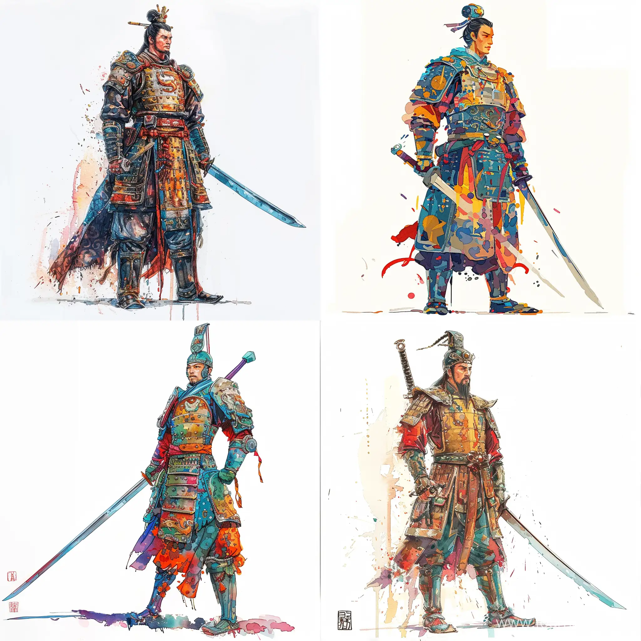ancient Chinese warrior, standing tall, in combat gear, holding a sword, stylized caricature, detailed, decorative, bright colors, Victor Ngai, watercolor, ink, on a white background, flat drawing