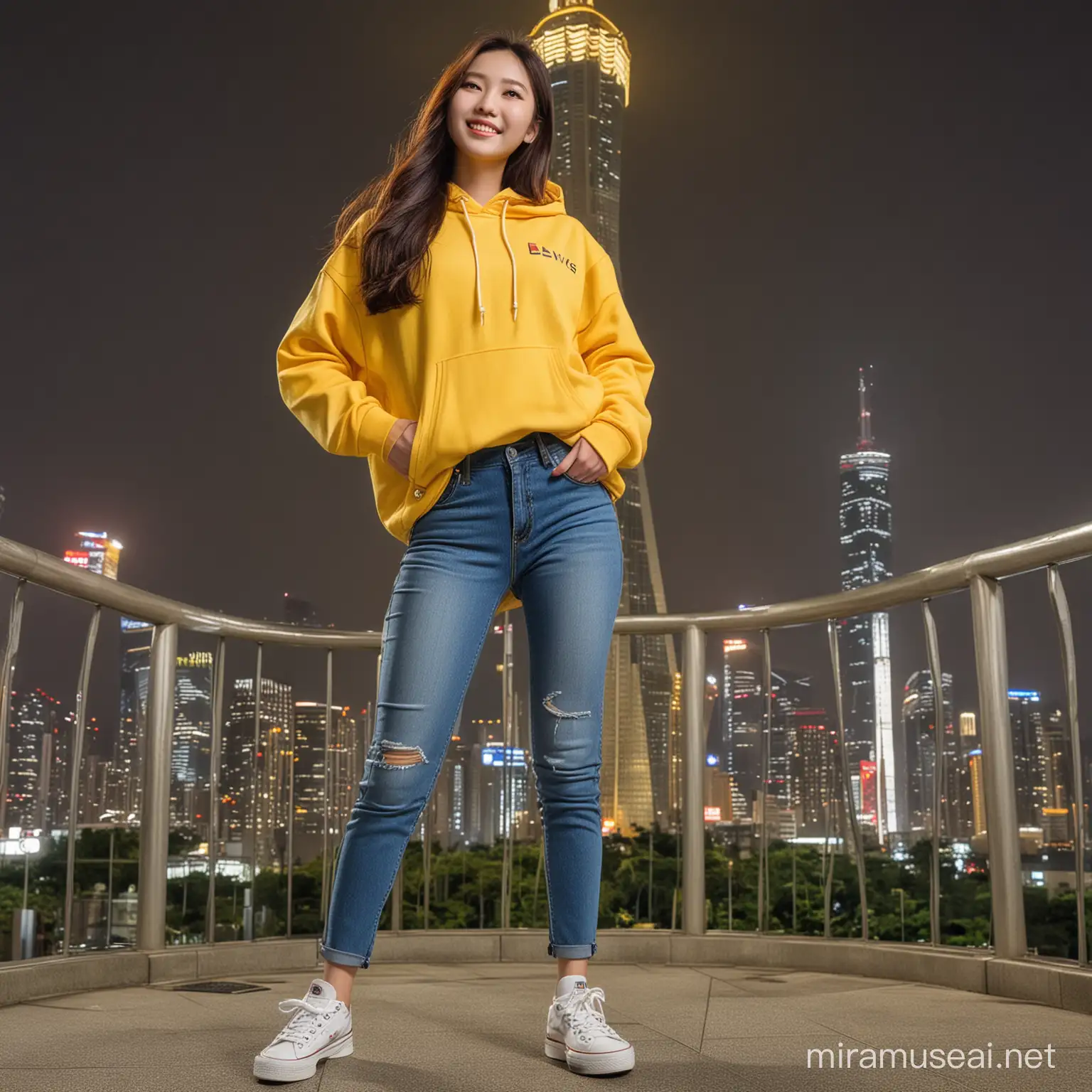 Stylish Korean Woman Poses Under Taipei 101 Tower at Night