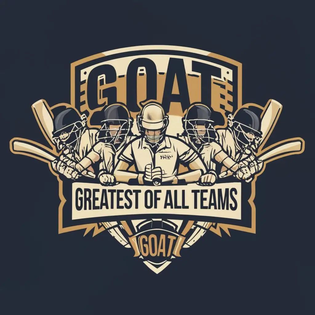 logo, Cricket,5 CRICKETERS WITH BAT, with the text "Goat" "GREATEST OF ALL TEAMS", typography. IN BLUE COLOR BACKGROUND.