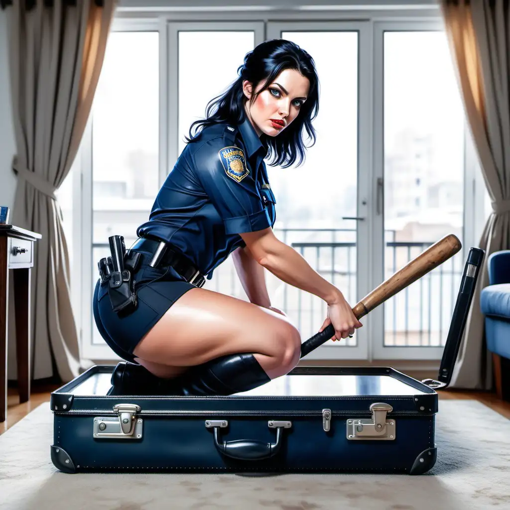 Seductive Police Officer Poses with Baseball Bat in Stylish Living Room Setting