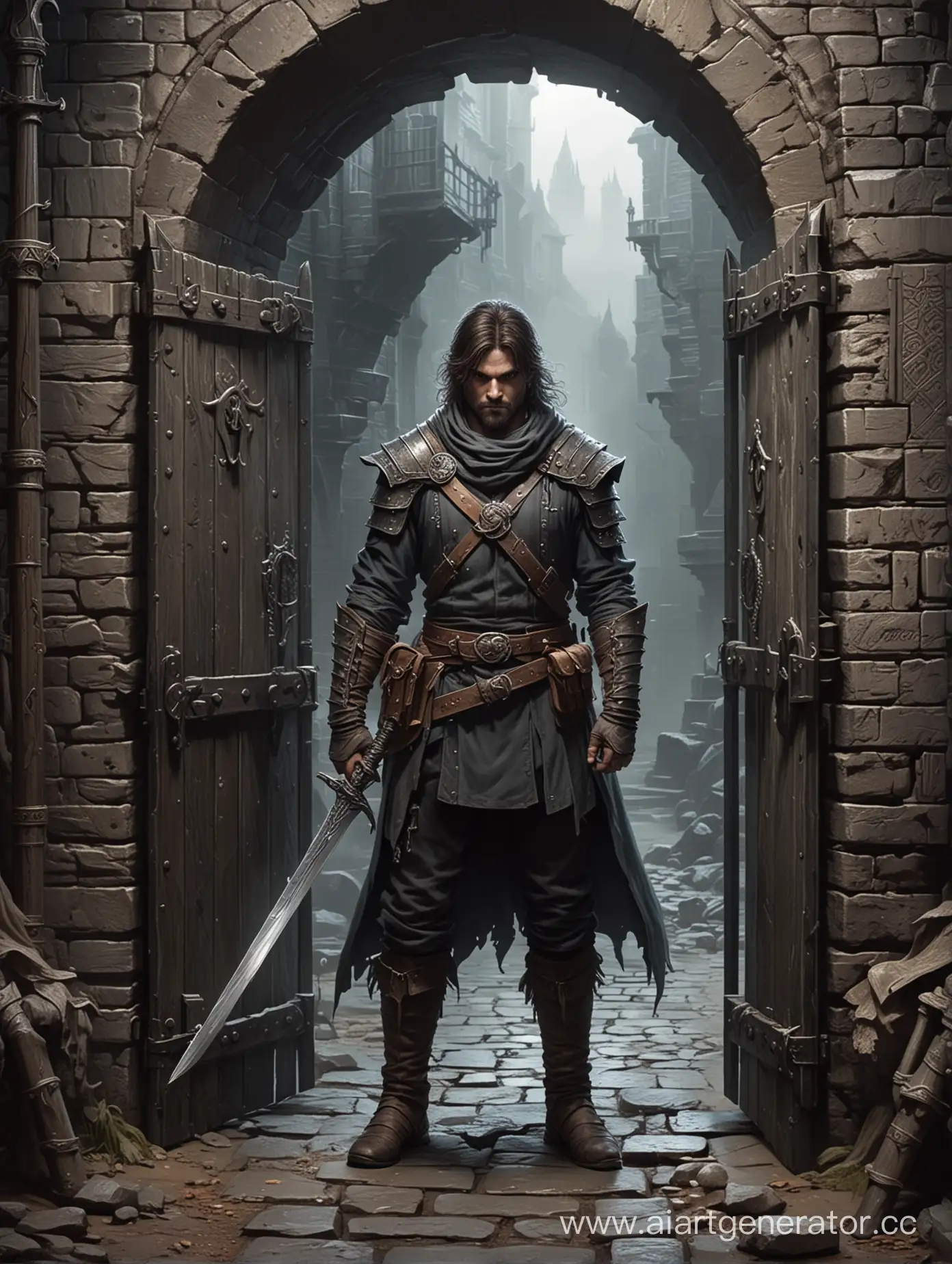 Fantasy-Mythology-Illustration-Bandit-Guarding-Dungeon-Gate-with-Sword