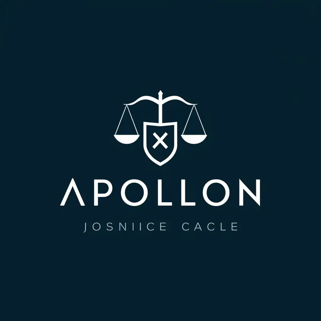 logo, THE JUSTICE SCALES with an x inside a shield
ADD SPACE INSIDE THE SHIELD TO WRITE, with the text "APOLLON", typography, be used in Legal industry