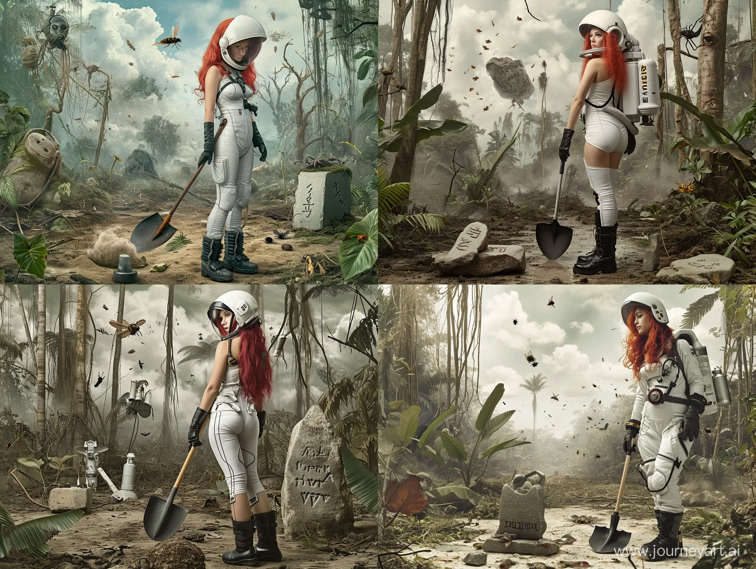 a woman, red hair, stands, looks away, a shovel in her right hand, an open cosmonaut helmet on her head, a white post-apocalyptic cosmonaut suit, an oxygen bottle on her back, wears gloves, wears black boots on his feet, austere jungle environment with tall trees and lianas in the style of Avatar, a cloud of insects flies, a stone with imaginary inscriptions is placed on the ground next to the feet, photorealistic image , wide shot
