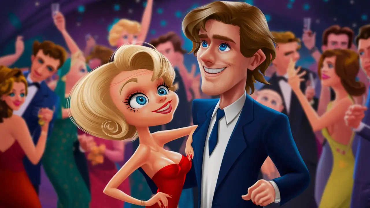 Short blonde woman with big blue eyes and a tall man with wavy brown hair and blue eyes, in the middle of a party, the woman standing so close to the man she is having to arch her back to look up at him