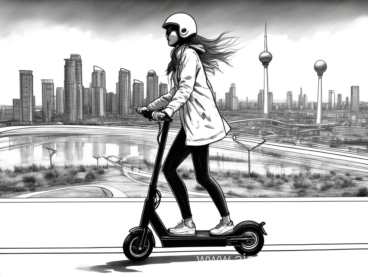 Urban-Elegance-Monochrome-Portrait-of-a-Girl-on-an-Electric-Scooter-in-Astana