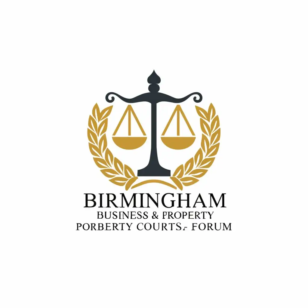 a logo design, with the text "BIRMINGHAM BUSINESS & PROPERTY COURTS FORUM", main symbol: scales, blue, yellow, red colours, laurel wreath, rounded name,complex,be used in Legal industry,clear background