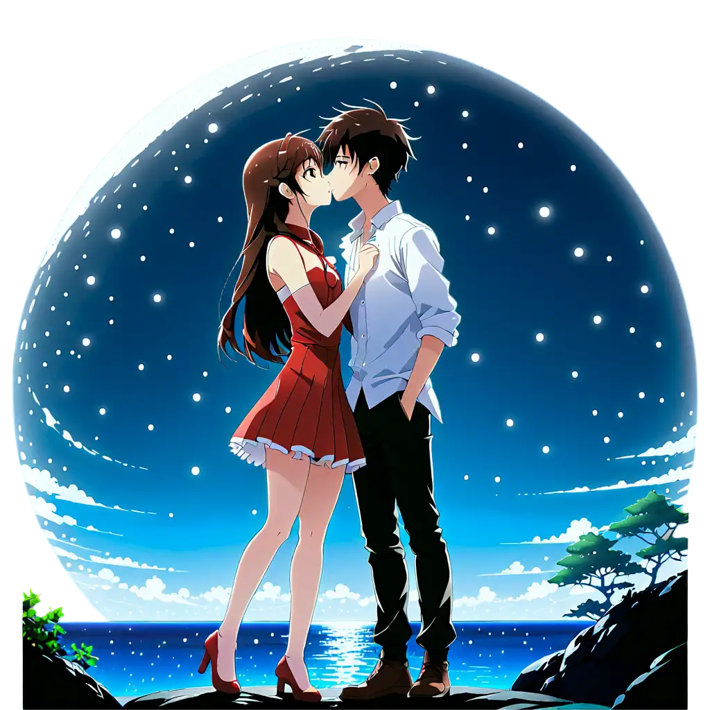 two anime characters kissing each other in a moonlight background