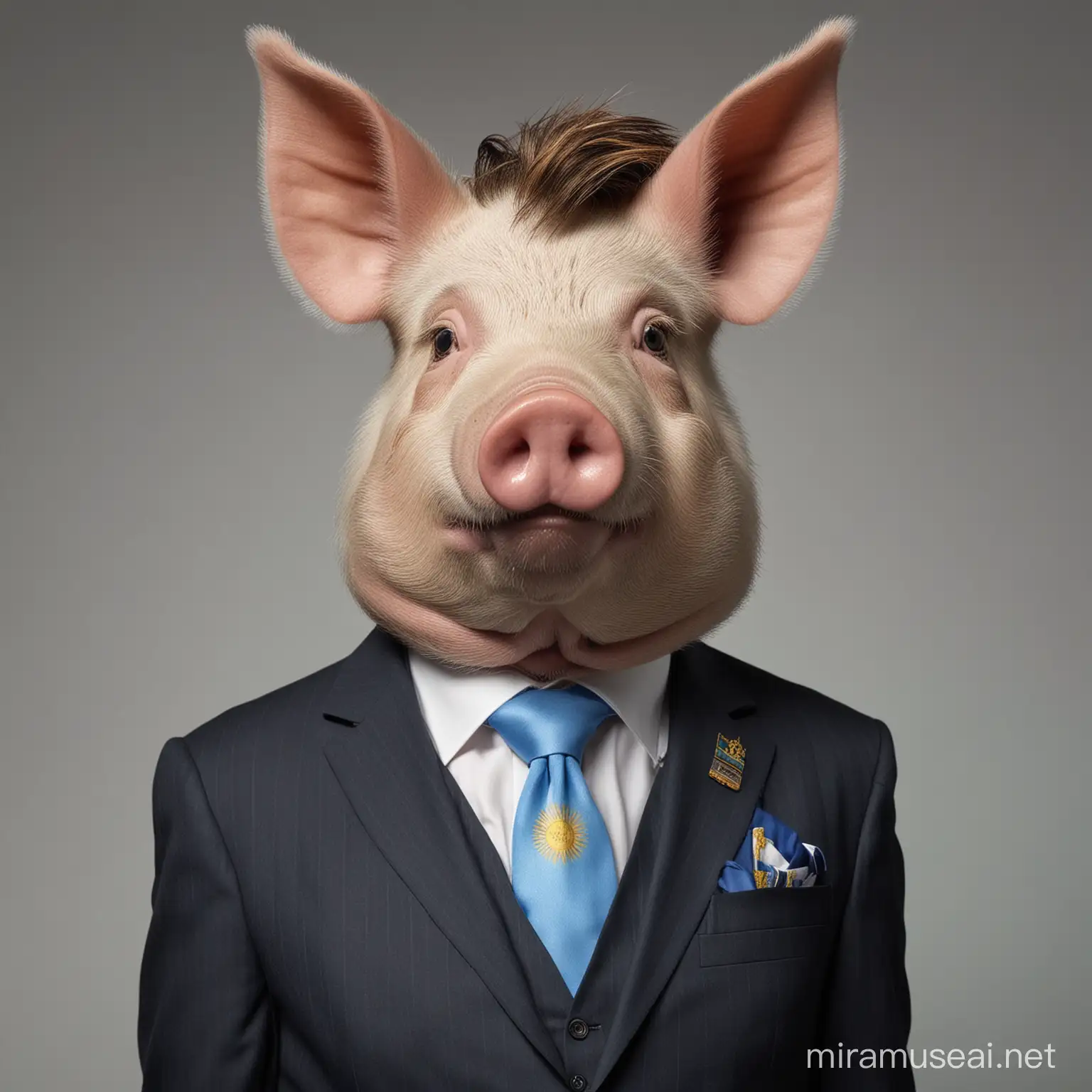 The president of argentina Javier Milei portraited as a pig. He has a presidential band crossed side by side over his shoulder, a prominent dewlap, messy brown hair, crazy evil eyes He's using a suit and has an argentina flag over his soulders