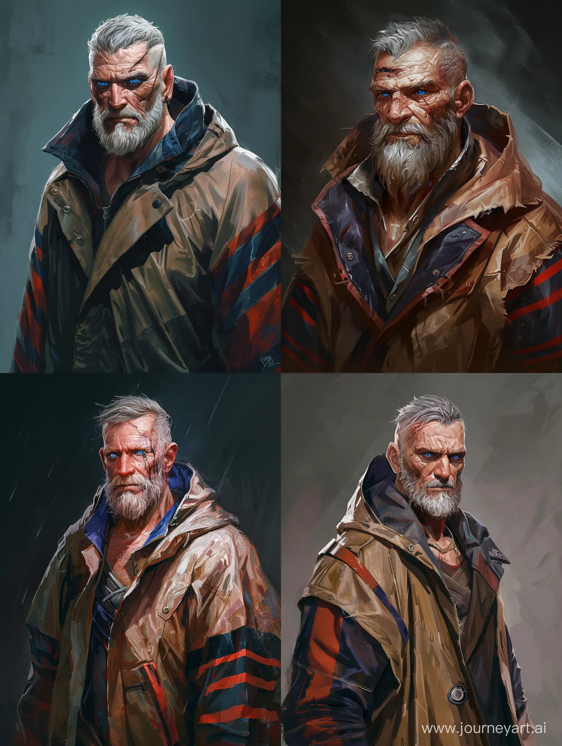 Weathered-and-Muscular-Old-Man-with-Blue-Eyes-and-Gray-Hair-in-Striped-Raincoat