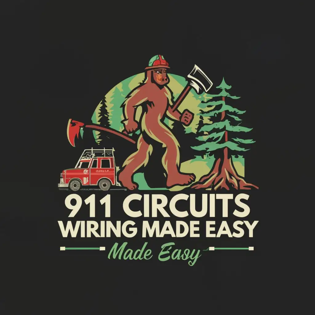 logo, fire truck, tree stump, evergreen tree, Oregon, Sasquatch, circuit board, axe, with the text "911 circuits wiring made easy", typography, be used in Technology industry