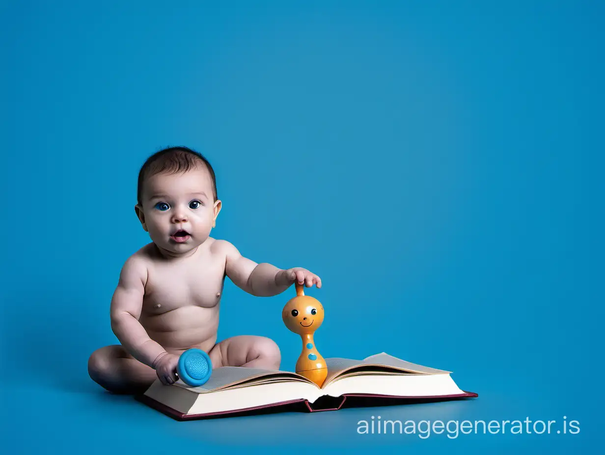 Blue background, baby rattle, book cover, intellegent looking