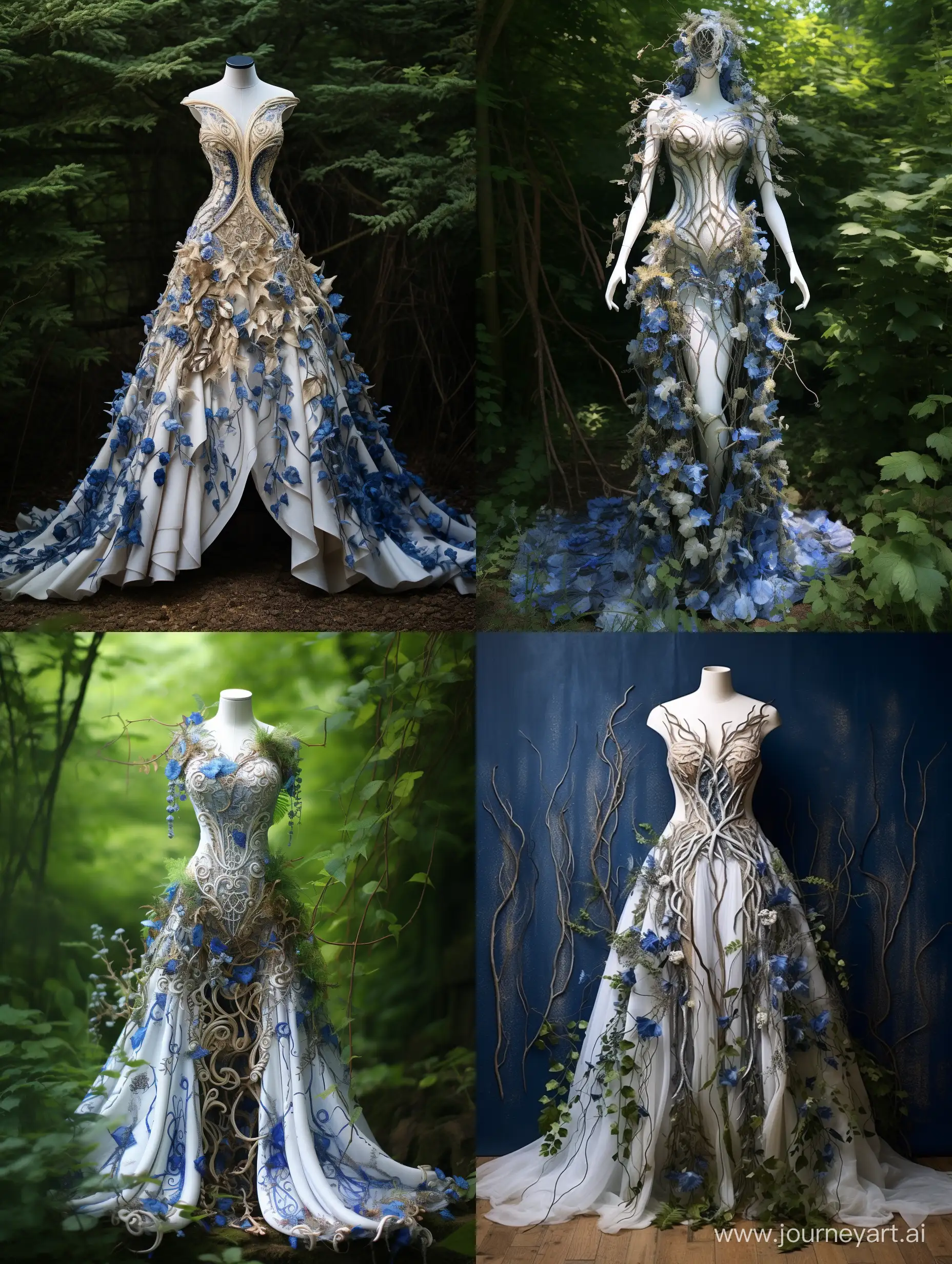 dress made of plants, blue leaves and white wood, fantasy celtic style