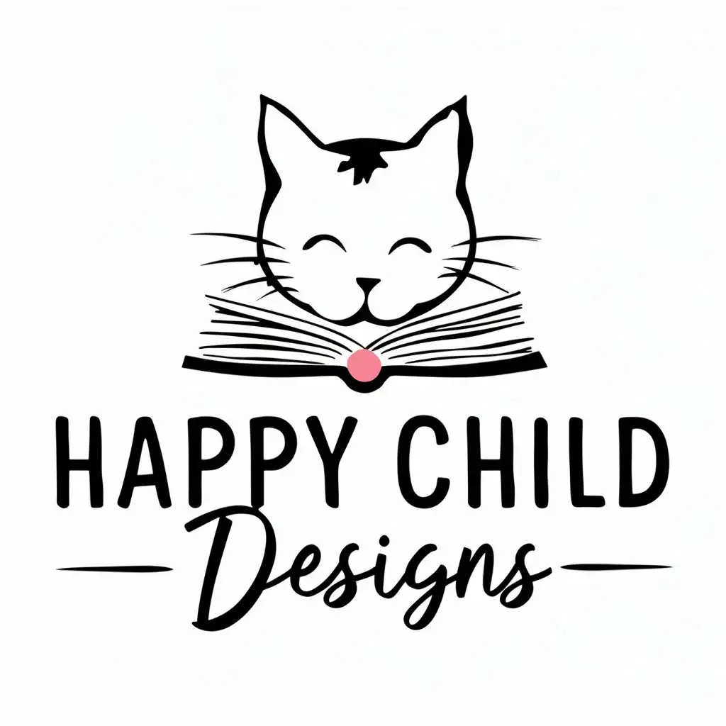 logo, Cat and Books, with the text "Happy Child Designs", typography