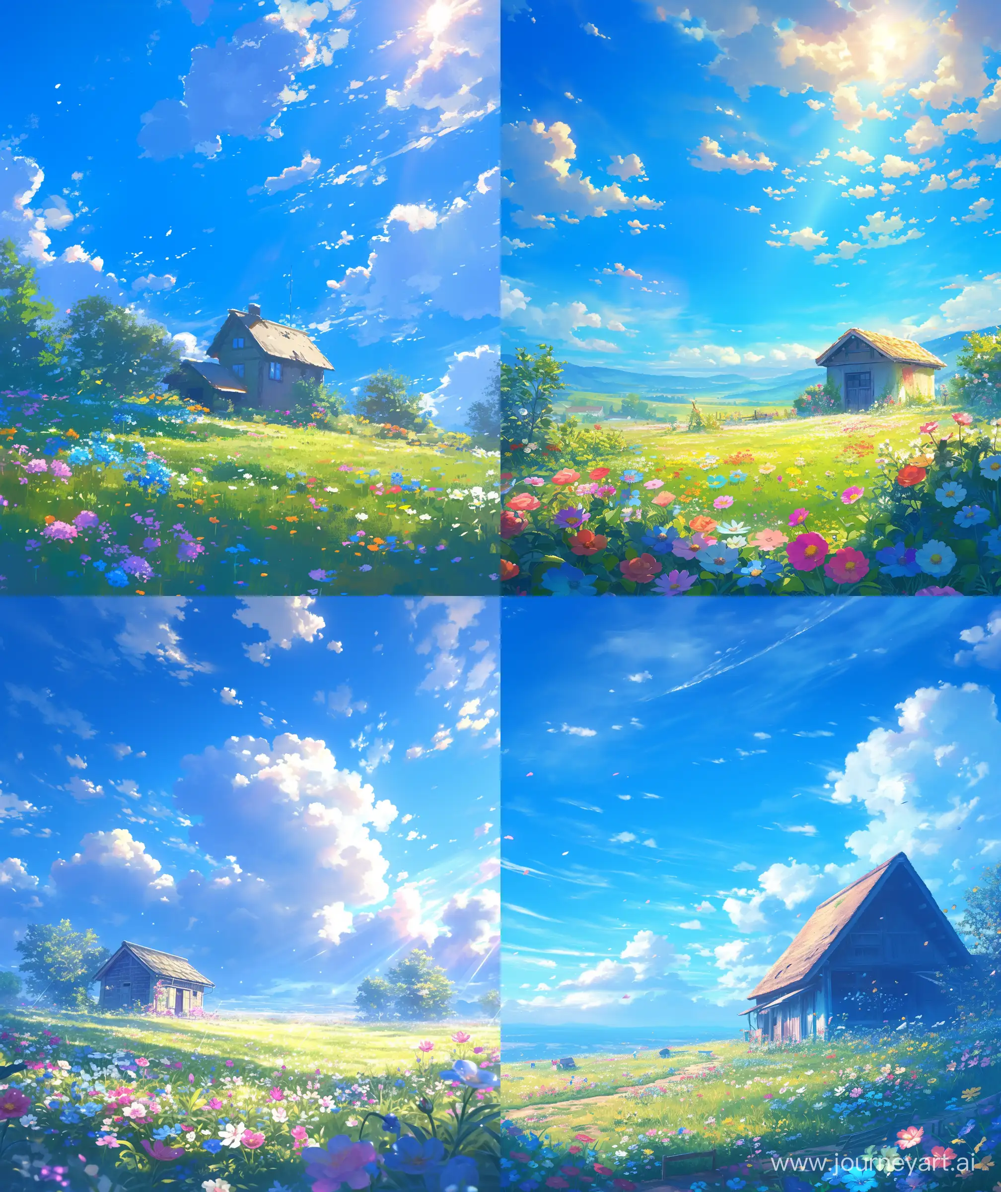 Mokoto shinkai style, cottage, beautiful Blue sky, flowers around, sun , sunlight over cottage, clouds, digital painting, flowers scattered around, ultra hd, High quality --ar 27:32 --niji 6 