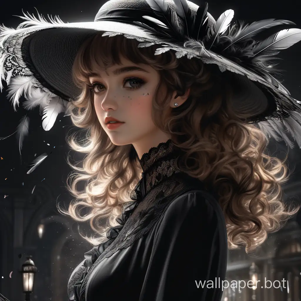 Elegant-Young-Woman-in-Romantic-Noir-Style-Curly-Haired-Beauty-in-Feathered-Hat-and-Lace-Gloves-on-Rich-Black-Background