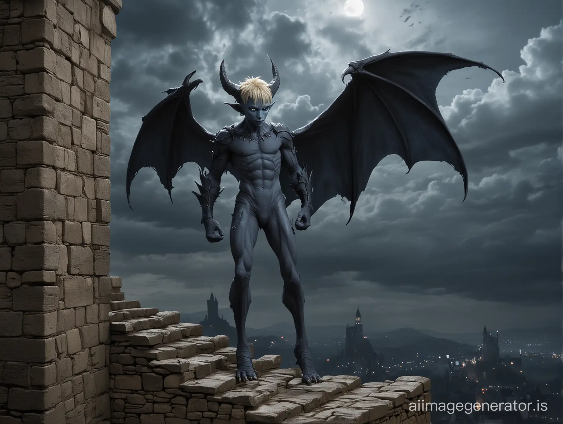 It’s Night. A gray-blue-skin demon-boy with humanoid proportions. He has a large tail, growing at the end of his spine. He has natural bat-like wings.  Two small horns growing from the forehead. He has pointet ears. He has blonde hair. He has claws instead of fingers and toes. He has animal-like feets. He stands on an old castle in a dark cloudy Night. Show the entire boy in a long shot. He has a Schwanz.