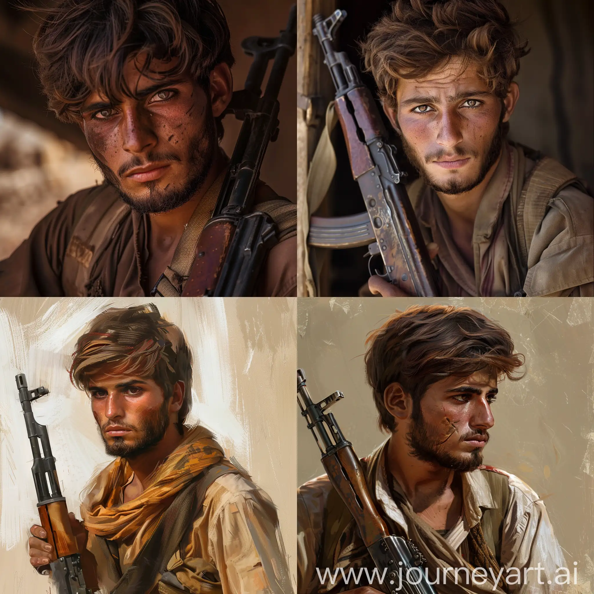 A handsome young Yemeni man with a light brown beard, carrying an AK-47 rifle, his features conveying a sense of mystery, sadness, and strength.