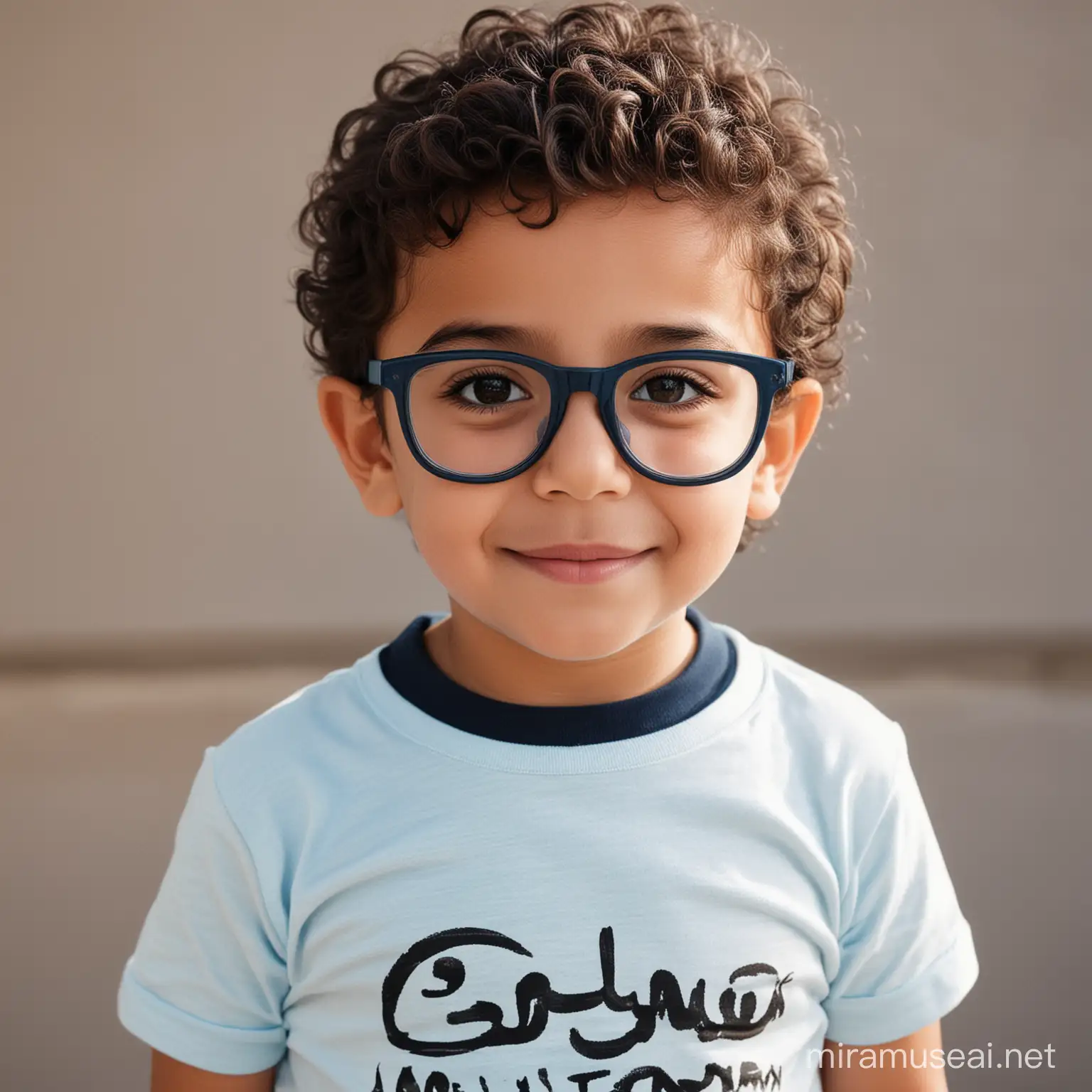 طفل ولد بملامح عربية يرتدي تيشيرت سماوي و نظارة للعيون بعمر ٣ سنوات


