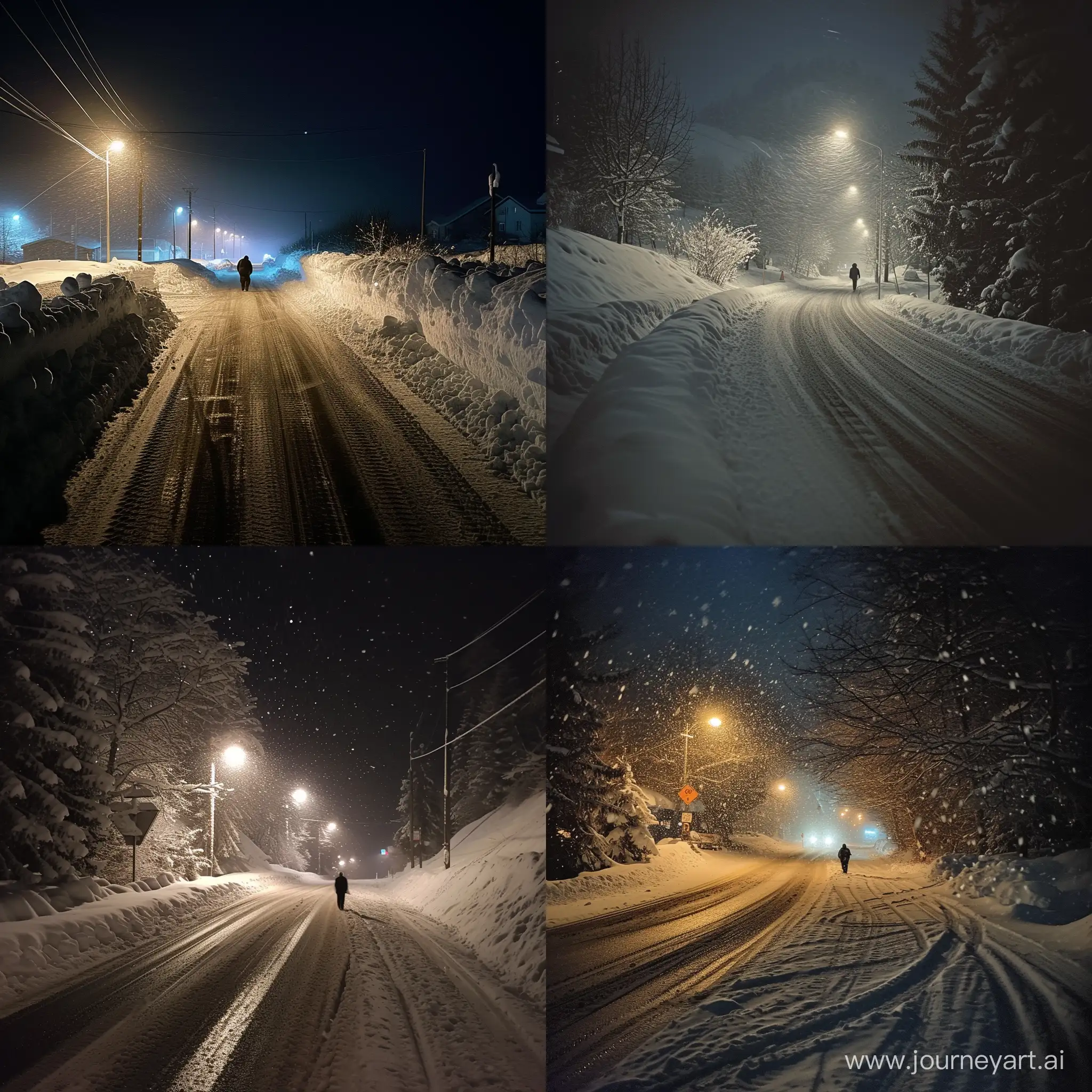 Ночь, дорога, много снега, на дороге человек.
