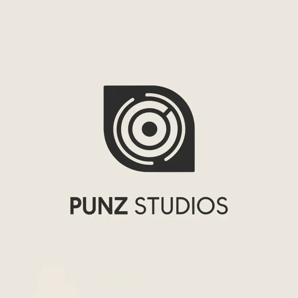 a logo design,with the text "PUNZ STUDIOS", main symbol:LENS,Minimalistic,clear background