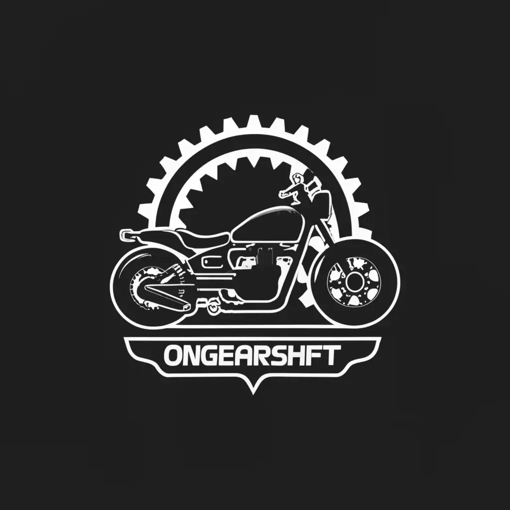 a logo design,with the text "OnGearshift", main symbol:motorcycle, gear and accessories, wheelie,,Moderate,clear background