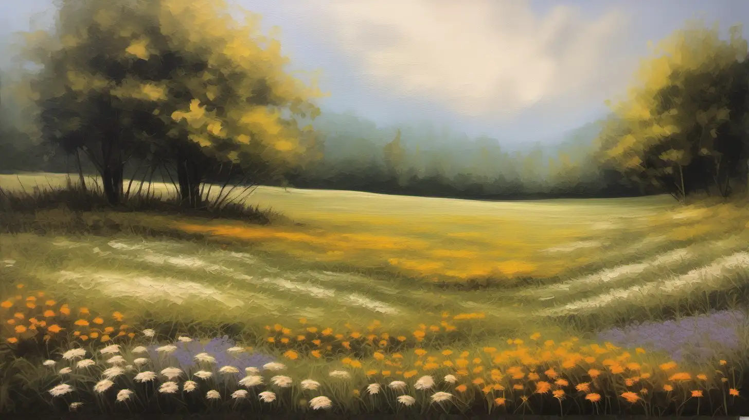 A wildflower field done using oil painting techniques. The painting should be done in earthy and neutral tones reflecting vintage landscape paintings. The scene is peaceful and calming.