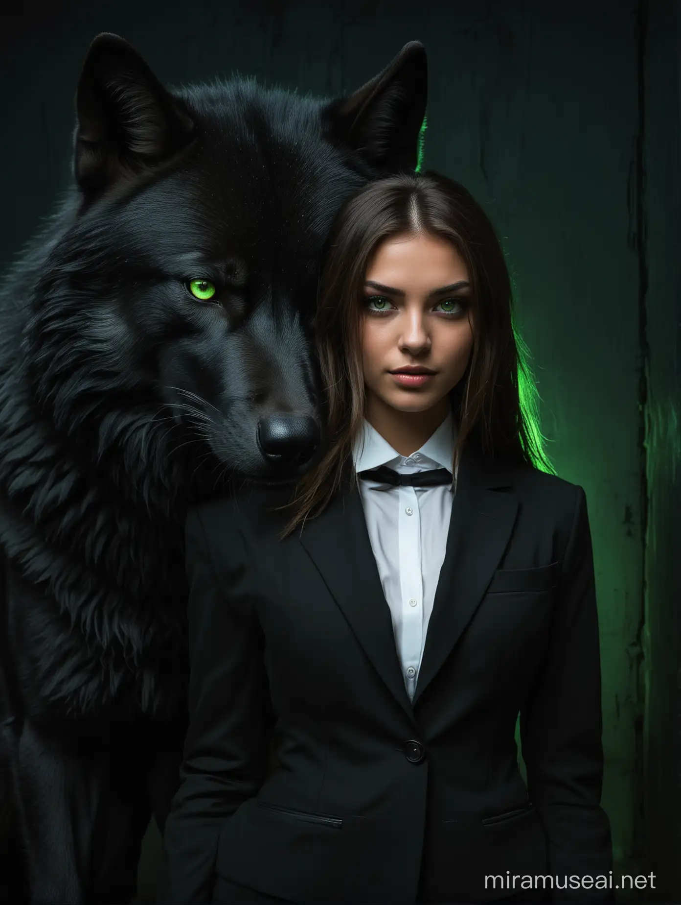 Seductive Woman in Black Suit Stands Beside Fearsome GreenEyed Wolf