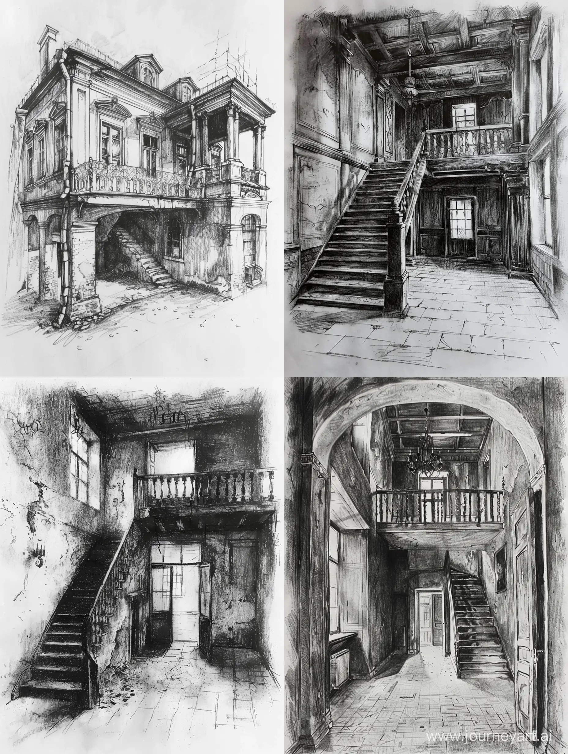 Charcoal drawing on white paper. An old Russian manor house of the 18th century, with a mezzanine.