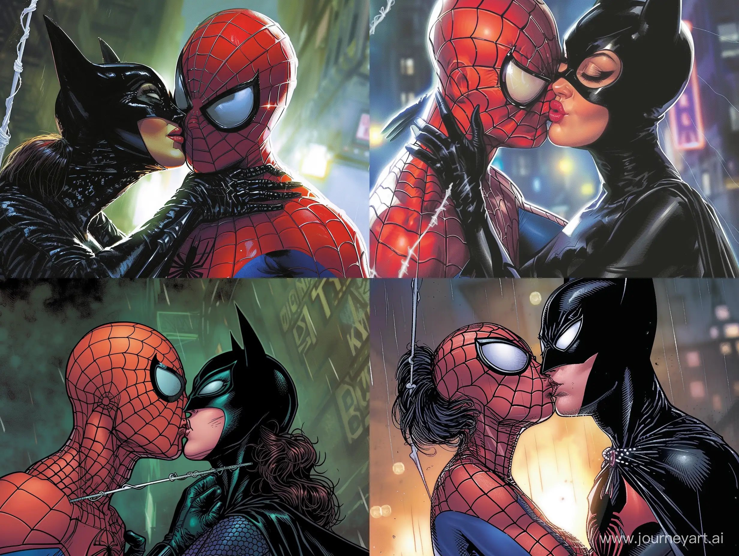 The spiderman kissing catwoman
