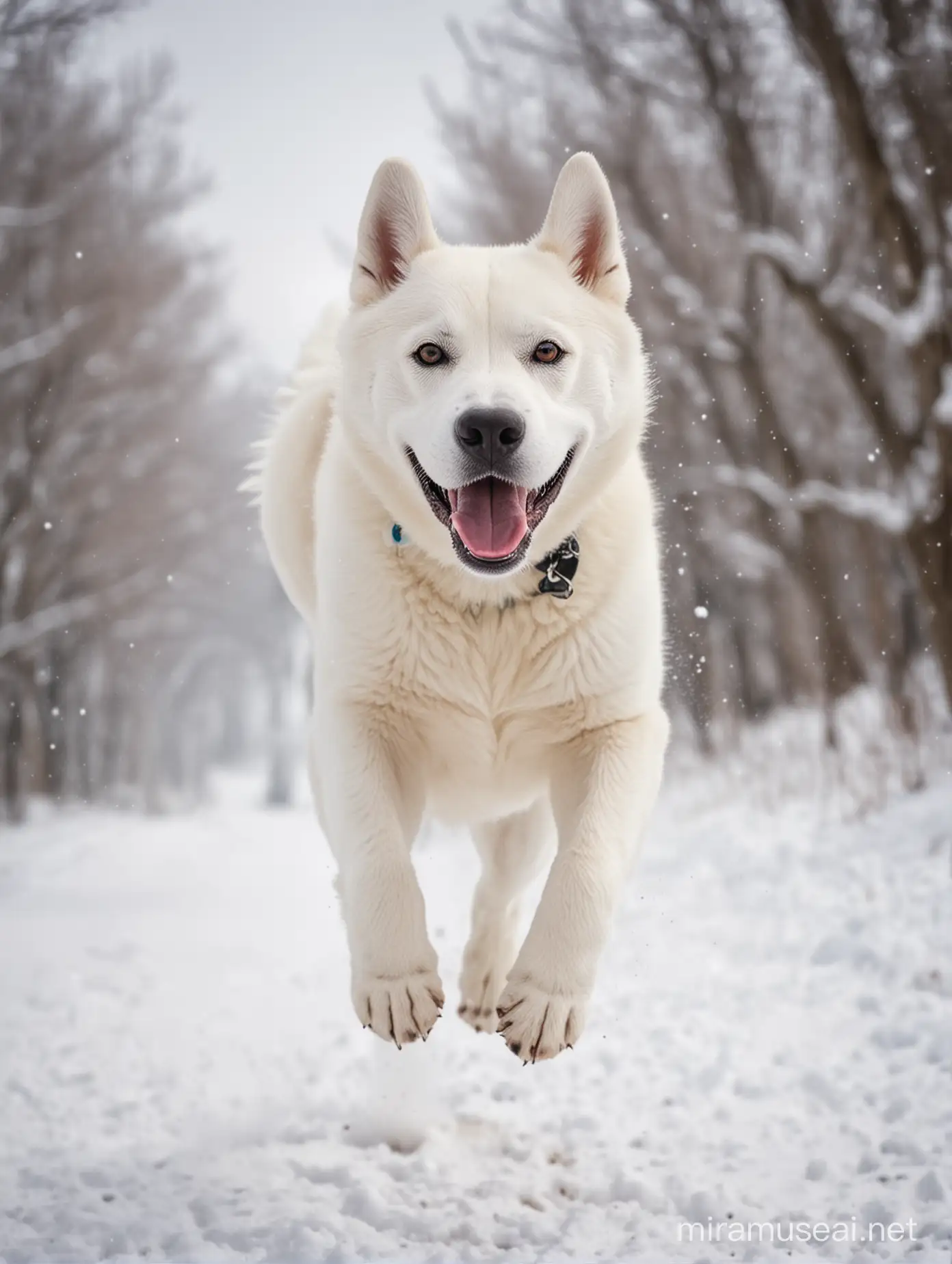 HAPPY DOGO JUMPING THE BREED IS HUSKY WHITE,   THE LANSdCAPE IS SNOW, blurry
