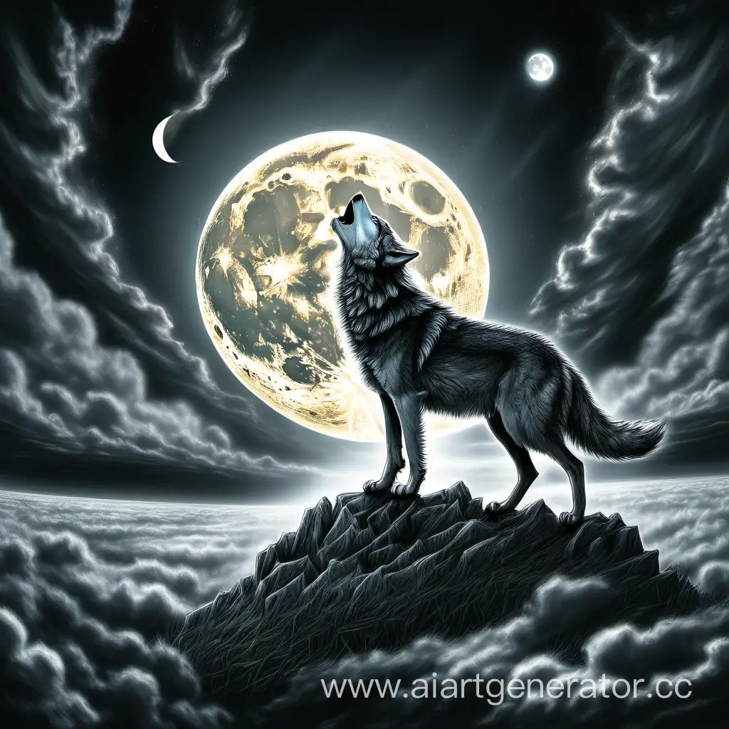 Lone-Wolf-Howling-at-the-Moon-in-a-Nighttime-Wilderness-Scene
