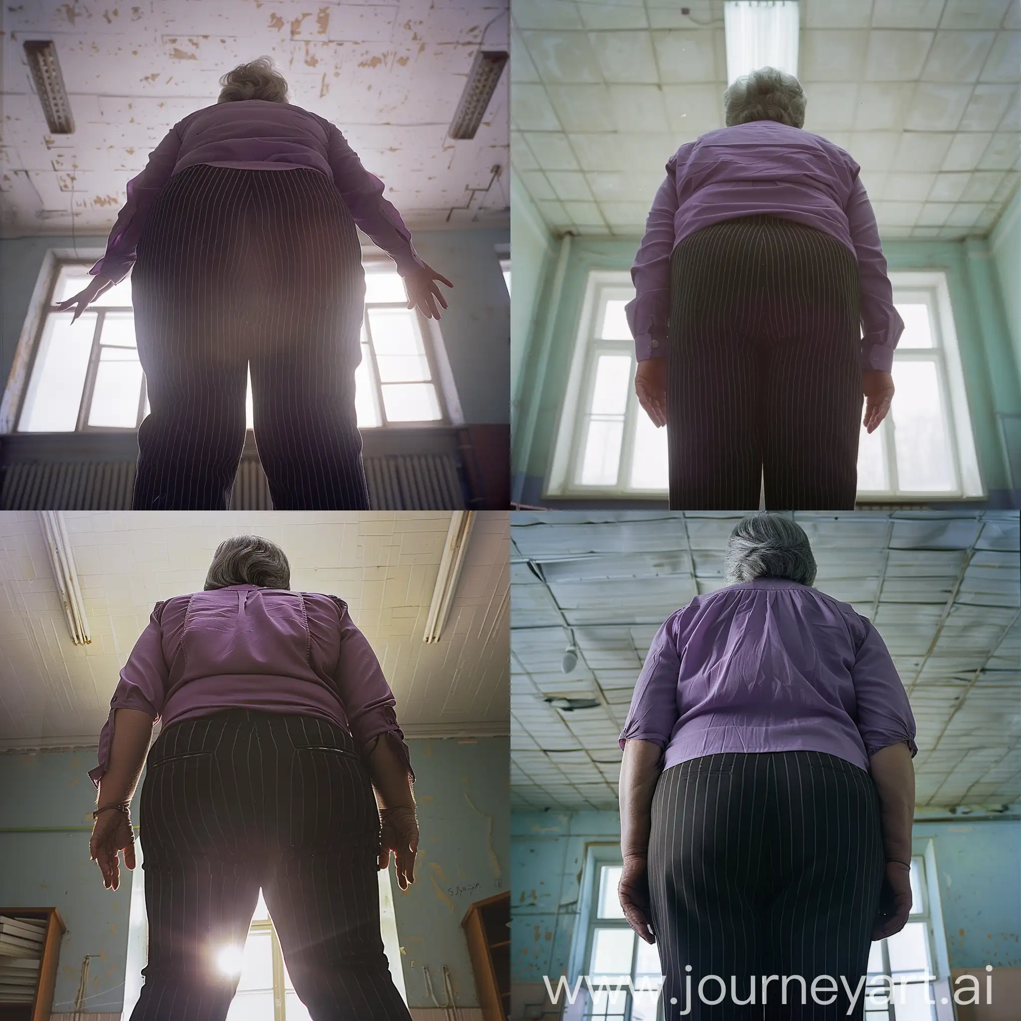photo from 2015s, grainy effect, bottom up view, soviet classroom landscape, close up shot 50 yo chubby female standing above viewer (wearing a violet shirt, black tight pinstripes trousers) short gray hair, rear view, photo on film, looking bottom up view, bright back lighting
